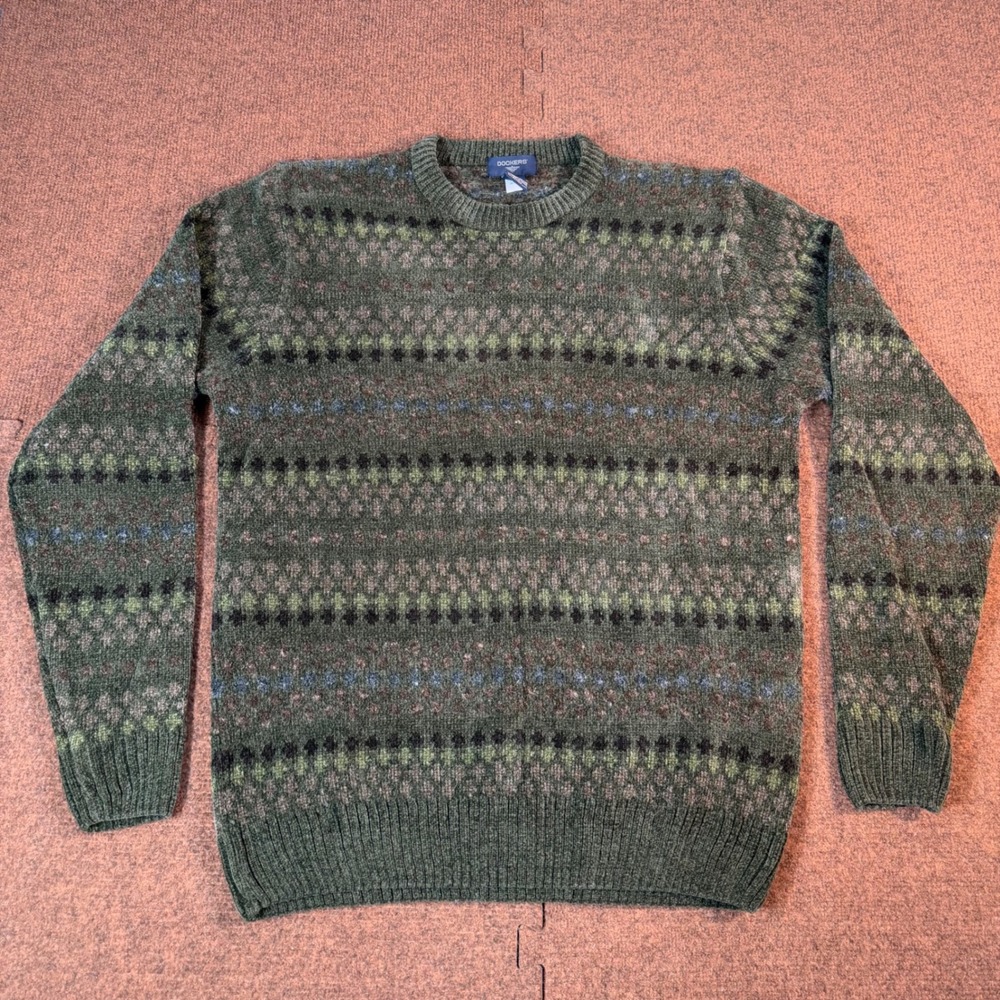 Dockers Fair Isle Sweater Mens Medium Green Geometric Knit Crewneck Pullover